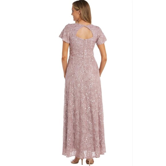 New R&M Richards Women's (8) Rose Embroidered & Sequin Flutter Sleeve Maxi Dress - Picture 15 of 16